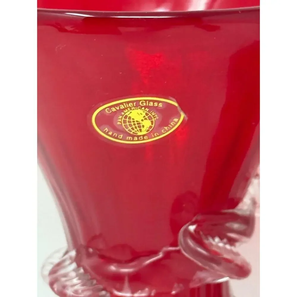 Vintage Cavalier Ruby Red Glass Hand Made Vase With Clear Applied Wrap 8” Tall